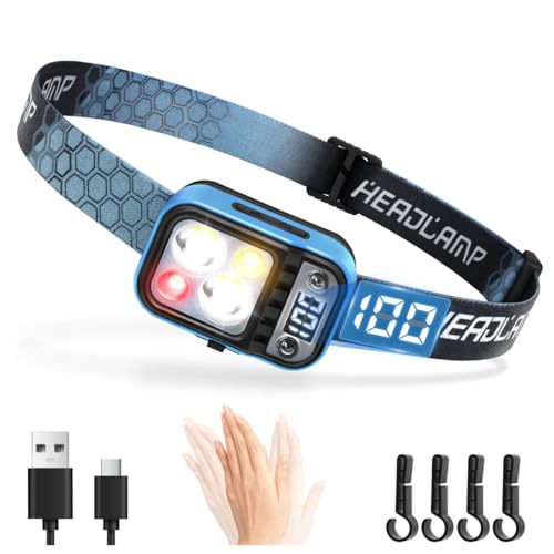 DARKDAWN Linterna frontal LED recargable, 5 modos USB C con sensor de movimiento, pantalla de alimentación digital, ajustable hacia arriba/abajo, para camping, reparación de automóviles, 1 unidad