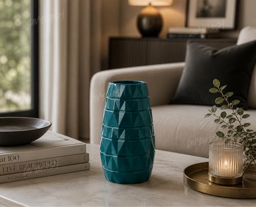 Image of Divyakosh Decorative VASE ONLY for Home Decor | Geometric Flower Vase for Center Table, Bedroom,Office & Shelf Decoration| Home Decoration Items for Living Room| Decorative Items|Teal Green Pot |
