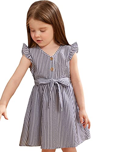 Wdirara Toddler Girl's Striped V Neck Button Front Ruffle Cap Sleeve Belted A Line Dress Blue And White 6Y #TOP20