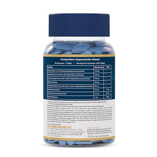 Image of Jeena Sikho Memory Support Tablets | Brain Health Formula with Brahmi, Ginkgo Biloba, Green Tea and B-Vitamins | Improves Concentration, Brain Sharpness | Stress Relief, 60 Tablets, Pack of 1