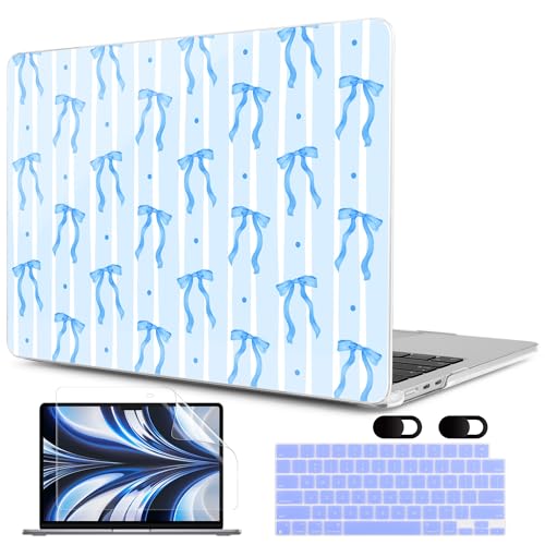 Image of MEEgoodo Case for MacBook Pro 16 inch 2026 2024 2023 2021,Laptop Shell Compatible with M5 M4 M3 M2 M1 Pro /Max Chip,Fit Model A3429 /A3428 /A3403 /A3186 /A2991 /A2780 /A2485,Coquette Blue Ribbon Bow&Stripe