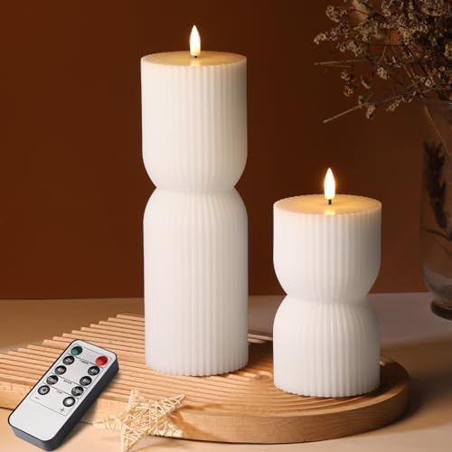 White Ribbed Flameless Pillar Candles with Remote, Real Wax Flick...