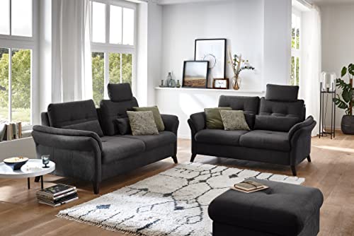 CAVADORE 3er Sofa Grönland / Skandinavische 3-Sitzer-Couch mit Federkern, Sitztiefenverstellung + Kopfstütze / 193 x 90 x 102 / Flachgewebe, Schwarz – Bild 3