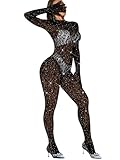 EHSUYAB Women Sexy Lace Jumpsuit, Leopard Fishnet Bodysuit Dancer Glow Rave Outfits, One Piece Mesh Full Rhinestone Lingerie Plus Size Black