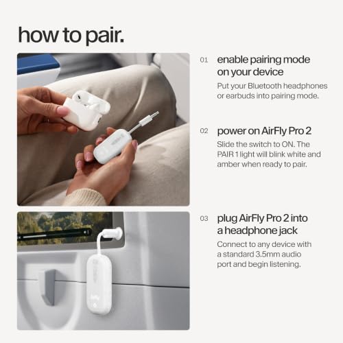 Image of AirFly Pro 2 - Bluetooth Adapter for Airplane, Pair 2 AirPods or Wireless Headphones - 3.5mm AUX Bluetooth Transmitter for Cars, Boats, Treadmills, TVs- Airplane Travel Essentials, Glacial White