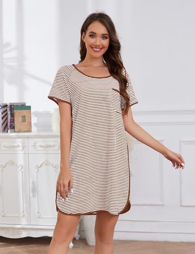 Image of VibeVista Cotton Nightgowns for Women Summers Striped House Dresses Short Sleeve Crew Neck Sleepwear Sleepshirts Sleep Dress