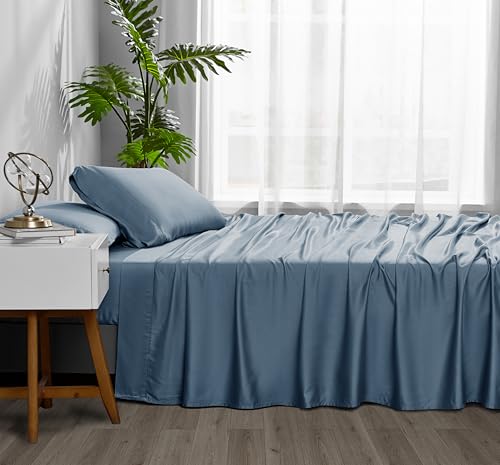 Image of ACCURATEX Cooling Sheets for Hot Sleepers, Twin XL Size,Dusty Blue | Viscose Made from Bamboo, 3 Pcs Silky Soft Sheet Set, Breathable Cool for Night Sweats, up to 16 inches Deep Pockect