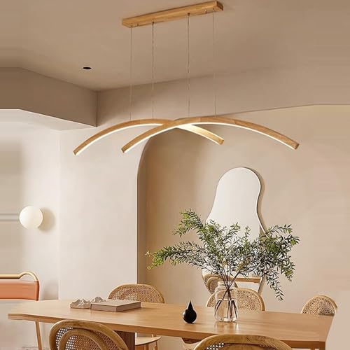 Lustre de table à manger LED en arc bois avec télécommande pour salon - 2
