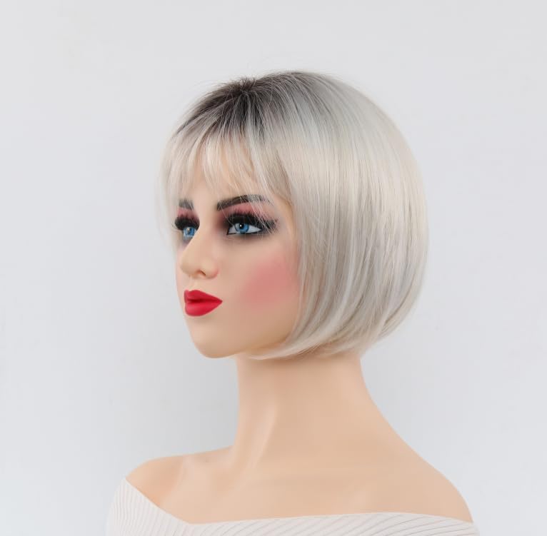Image of Short for white Blonde Bob Wig with Bangs for Women & Men - Ombre Blonde to Dark Roots Layered Straight Synthetic Hair Wig with Natural Chin Length, Rose Net for Daily & Party Use (Silver)