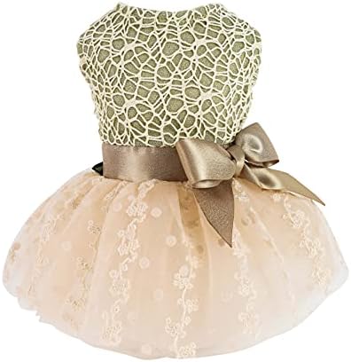 Fitwarm Shining Embroiderd Dog Dress Doggie Tutu Flower Girl One-Piece with Bowknot Pet Clothes for Wedding Birthday Party Doggy Gown Puppy Outfits Cat Apparel Champagne Small