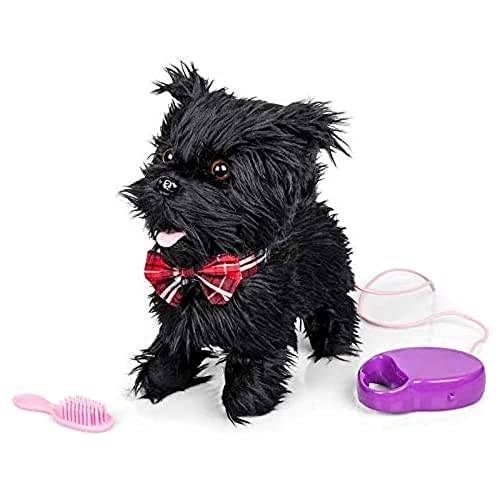 Animigos Scurrying Scotty, süßer schwarzer Plüschhund, Terrier mit roter Fliege, ca. 22 cm groß, kann laufen und bellen, mit Bürste und Leine, für Kinder ab 18 Monaten