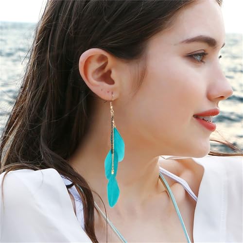 Bohemian Colorful Feather Earrings for Women Ethnic Retro Bohemian Long Chain Feather Earrings Vacation Handmade Vintage Multicolor Tassel Feather Earrings Lightweight Feather Drop Dangle Earrings Jewelry Gift (Turquoise)3