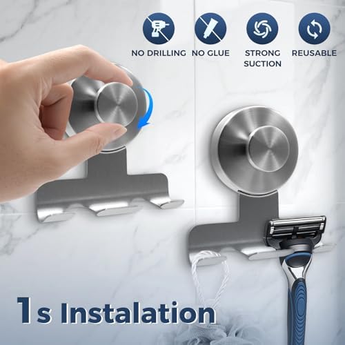 Suction Cup Razor Holder for Shower,Heavy-Duty 7KG Suction Hooks for Razor,Towel,Loofah,Removable Damage-Free Metal Shower Hook,Shaver Holder,2 Pack(Brushed Silver) Alternate view