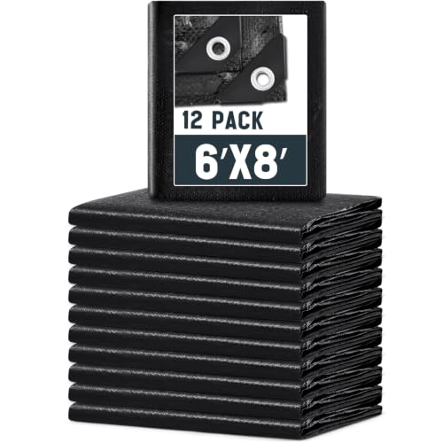 12 Pack 6 x 8 ft Black Tarps, 5.5 Mil Heavy Duty Waterproof Tarp