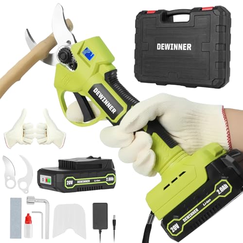 DEWINNER Cordless Electric Pruning Shears, 20V 2.0Ah Li-ion Battery Secateurs with SK5 Blades, Max 25mm, 2 Cutting Ranges, LCD Screen, Electric Secateurs with Storage Box for Tree Trimming