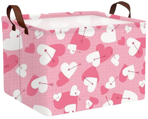 Image of Large Valentine's Day Basket Heart Shaped Storage Bin for Gifts Collapsible Organizer Room Decor (Arrow White Pink Love)
