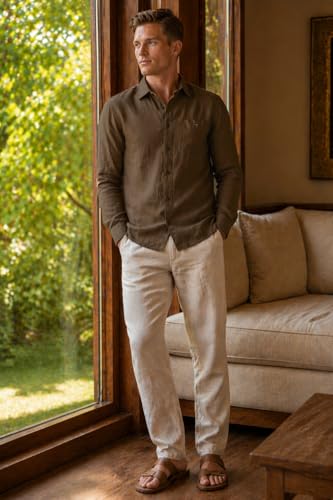Image of Louis Philippe Men's Linen Blend Solid Shirt with Soft Handfeel & Naturally Antibacterial Finish - Holiday Wear