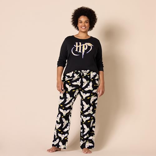 Amazon Essentials Damen Schlaf-Set leichte Flanellhose und langärmeliges-T-Shirt, Harry Potter Hedwig – Damen, XXL