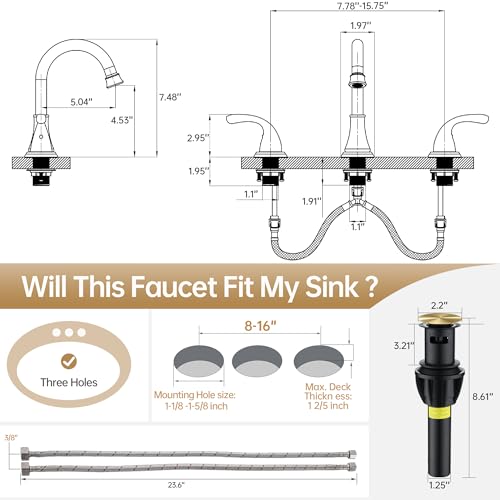 Image of Bathroom Sink Faucet FRANSITON Centerset 8 Inch 2 Handle Bathroom Sink Faucet Lead-Free with Pop-up Drain Stopper and Supply Hoses (Brushed Gold, 8 Inch)