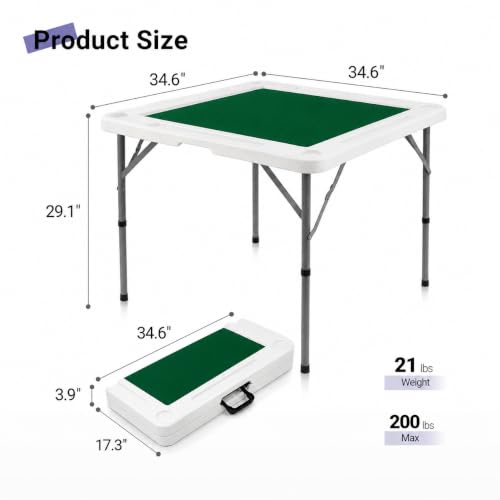 Image of Byliable 34.6 inch Folding Mahjong Table, Portable Game Table with Cup Holders | Foldable design, carry handle, 4 cup holders, 4 storage slots, HDPE tabletop, steel legs, quiet playing mat