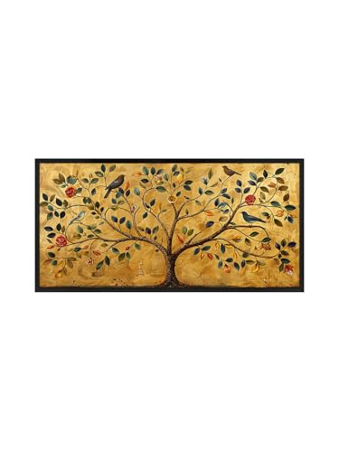 Image of 999STORE Tree of Life Canvas Wall Art, 120 x 60 cm, Black Frame, Golden Background, Birds and Flowers Design, Horizontal Orientation