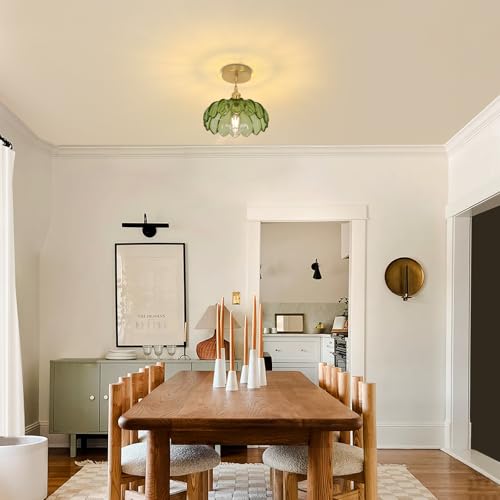 Image of Shenmoyl Scindapsus Green Glass Lampshade Pendant Lamp, Vintage Brass Pendant Lamp, Adjustable Hanging Light for Kitchen Island, Dining Room, Hallway
