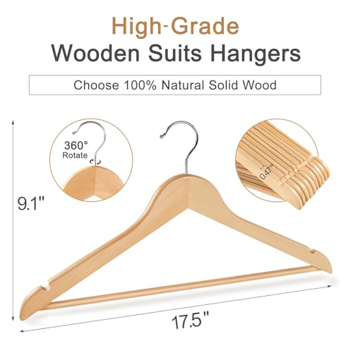 TOPIA HANGER Wooden Hangers 30 Pack, Natural Wood Clothes Hangers, Durable Coat Hanger with 360-Degree Rotatable Hook, Non-Slip Pants Bar and Shoulder Notches for Camisole Tops-CT34N30 - Image 3