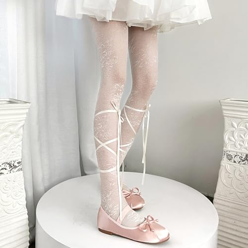 Image of Women's Lolita Patterned Tights Kawaii Bow Fishnet Stockings Lace Pantyhose | Semi See Through Tights Hollow Out Leggings Socks