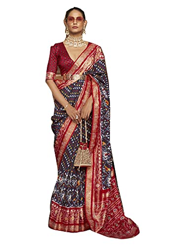 Sari traditionnel patola soie bleu marine style zari motif gujarat pour festival indien 2510