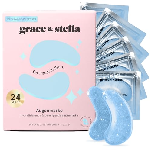 grace & stella - Preisgekrönte Augenpads gegen Augenringe, Aufhellende Eye Pads gegen Tränensäcke und Falten, Kühlende und Erfrischende Augen Pads Masken, Gel-Eyepads [24 Paare, Blau]