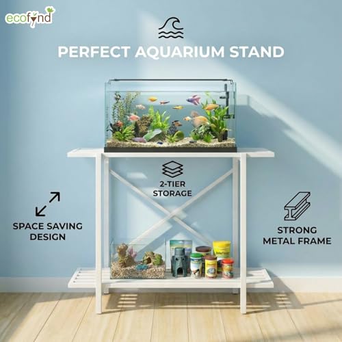 Image of ecofynd 2-Tier Fish Tank Stand, Double-Layer Aquarium Stand with Adjustable Table Feet, Heavy Metal Storage Rack Suitable for Home and Office, (White, FS-PS049)