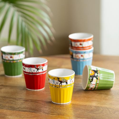 Image of ExclusiveLane 'Elephant & Camel Motifs' Ceramic Tea Cups Set of 6 for Tea Cups Ceramic (Set of 6, 120 ml, Microwave Safe, Without Handle) | Coffee Cup Set Ceramic Cups Tea Cup Chai Cups for Tea
