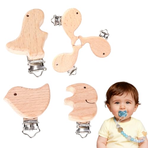 UIEXAY 4 Piezas Pinzas Chupete, Chupetero Madera Pinza Chupetero, Madera Natural Para Cadenas De Chupete, Pinza Para Chupete De Bebé Con Motivos De Animales, Cierre Metálico, Seguro Y No Tóxico