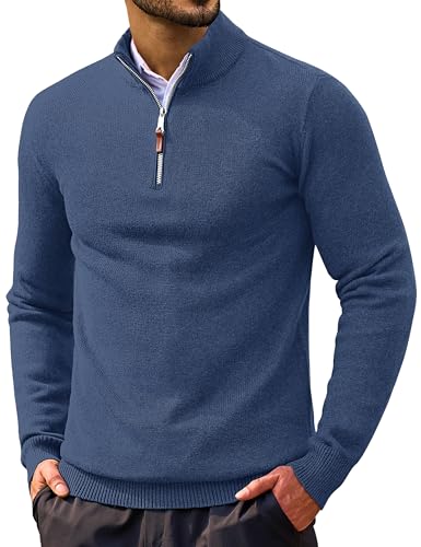 Cotrasen Mens Sweater Quarter Zip Pullover Casual Knit Cotton Long Sleeve Mock Neck Polo Sweaters