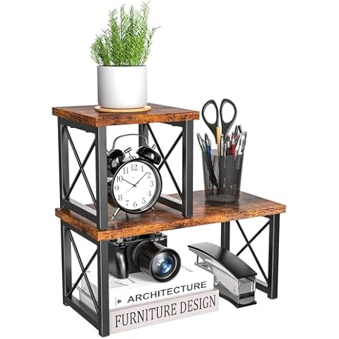 HavenlyYouth Desk Shelf, 2 Tier Wood Desktop Bookshelf, Adjustable Freestanding Stackable Desktop Organizer Shelf, Desktop Shelf Organizer Storage Rack, Desk Display Rack for Office, Home, Rustic Cover
