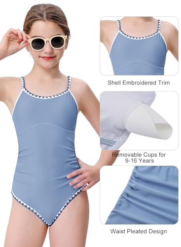 Image of XiaoMoSha Girls One Piece Swimsuit Adjustable Straps Bathing Suit Teen Girl Color Block Trim Padded Beach Swimwear 6-16 Years