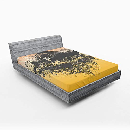 Ambesonne Black Fitted Sheet, Halloween Theme Vector Illustration of a Wicked Crow and Ornate Flowers Print, Comfy Bed Cover with All-Round Elastic Deep Pocket, California King, Black and Mustard