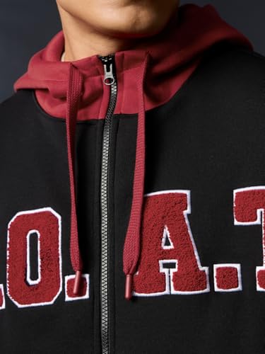 Image of The Souled Store G.O.A.T Men and Boys Full Sleeves Hooded Neck Black Embroidered Cotton Blend Oversized Fit Premium Fleece Zipper Hoodie