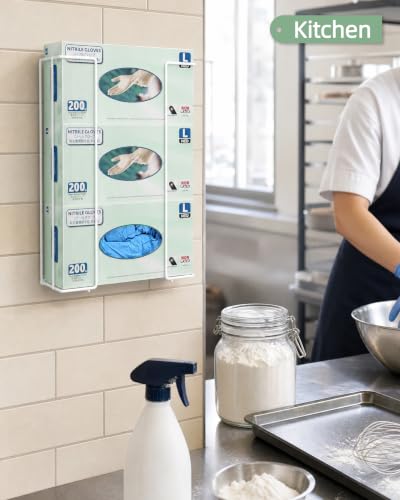 Image of Gloves Holder Wall Mount, 3-Box Capacity Metal Glove Dispenser Rack, White
