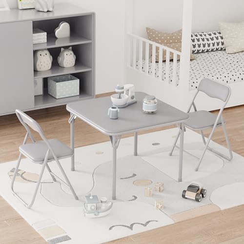 Image of IDEALHOUSE Boys and Girls Folding Table and Chairs Set of 3, Portable Table and Chair with Pu Soft Cushion,Suitable for Eating,Reading and Playing