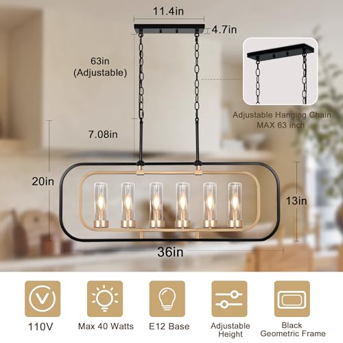 36" Linear Chandeliers for Dining Room, Black and Gold Glass Chandelier — view 5