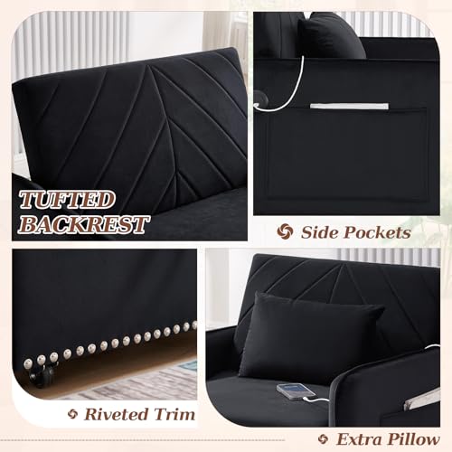 Convertible Sleeper Chair Bed,3 in 1 Velvet Tufted Upholstered Single Sleeper Sofa with Adjustable Backrest&USB Port,Pull Out Recliner Lounger Bed for Living Room,Office,Apartment,Small Space(Black) - Thumbnail 4