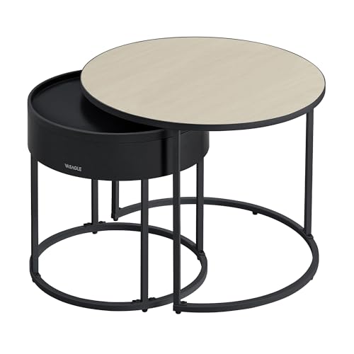 VASAGLE Tavolini da Salotto, Set di 2 Tavolini Rotondi ad Incastro, Stile Moderno, Vano Nascosto e Vassoio, per Soggiorno Camera da Letto Balcone, Beige Naturale e Nero Inchiostro LCT044K67