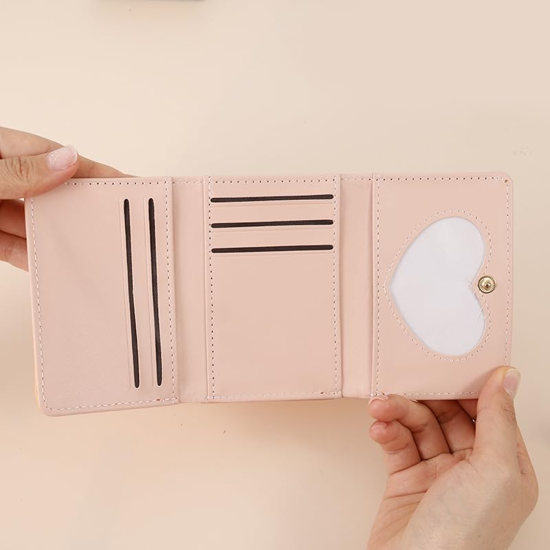 Image of Valerie Cute Small Wallets Clutch for Teen Girl Women PU Leather Trifold Small Wallet Cash Pocket 3D Buckle Card Holder Coin Purse with ID Window for Girls Women (Pink)
