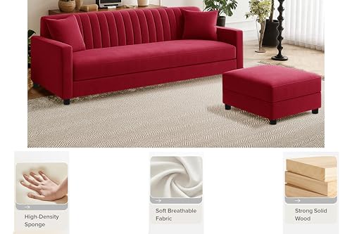 Image of Los Angeles Modern 3-Seater Wooden Sofa Set with Ottoman, Soft Velvet Upholstery, Comfortable Couch for Living Room, Office & Apartment - Red Color