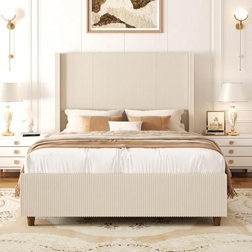 58’’ Tall Queen Size Bed Frame with Corduroy Upholstered Platform Bed, Extra Wingback Headboard and Vertical Stripe, Box Spring Option, Solid Wood Slats, Noise Free, Cream