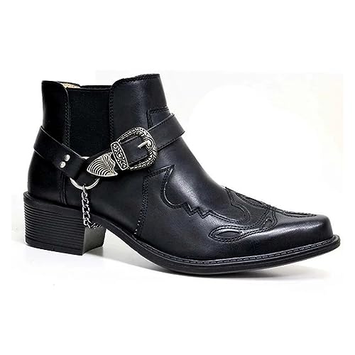 Men's Vintage Pointed Toe Cowboy Boots Fashion Western Personality Belt Buckle Thick Heel Slip-On Bootie
