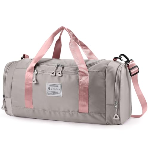 Vllcsla Bolsa de Deporte Mujer 28 L, Bolso Gimnasio con Bolsillo Húmedo, Compartimento Zapatos, Impermeable Bolsa de Viaje Resistente al Desgaste, Bolsos de Hombro Fin de Semana (Rosado Gris)