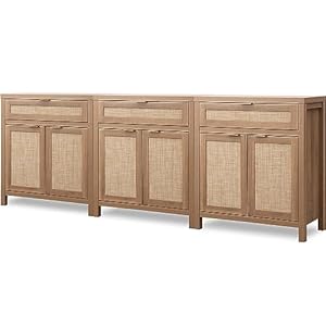 SICOTAS Sideboard Buffet Cabinet Set of 3 Rattan Credenza Storage Cabinet Boho Buffet Table Console Cabinet with Drawer Farmhouse Coffee Bar Cabinet for Living Room Natural Oak