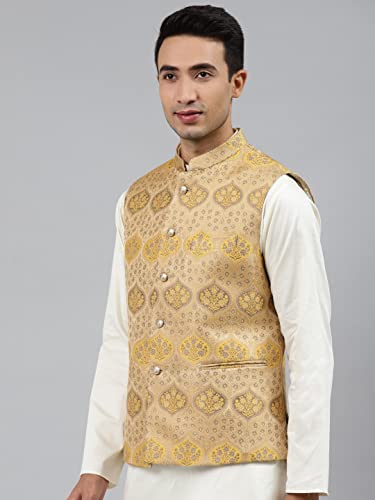 Image of MANQ Men Fawn Woven Jaquard Silk Nehru Jacket